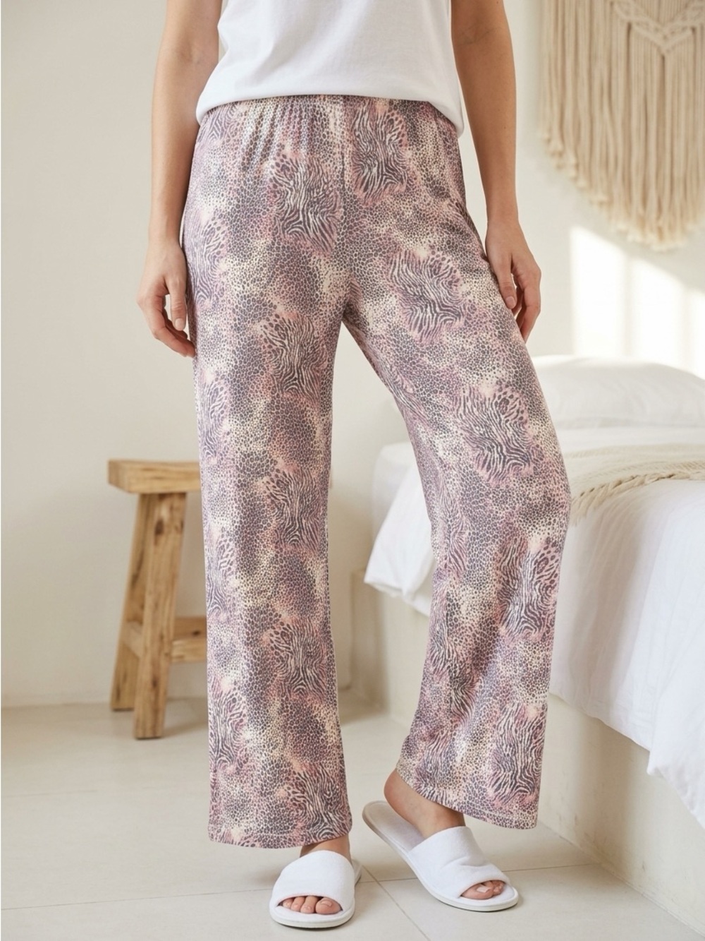 SKIMS Pink & Cream Printed Wide-Leg Sleep Pants